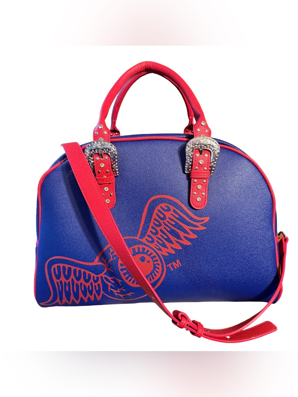Von Dutch Originals NWT Weekender Red & Blue & Crystal Buckle Duffle Bag (P226) - Picture 2 of 13